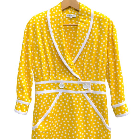 Vtg ADELE SIMPSON 80s Does 50s/60s Polka Dot Yellow White Wiggle Pencil Dress - Picture 9 of 16